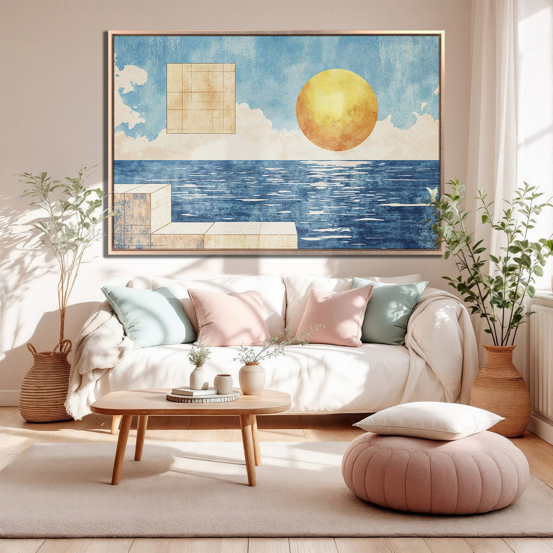 Framed Wall Art: Abstract landscape Canvas Print with blue, yellow, and beige tones. Modern art for living room decor, adding a touch of serenity.