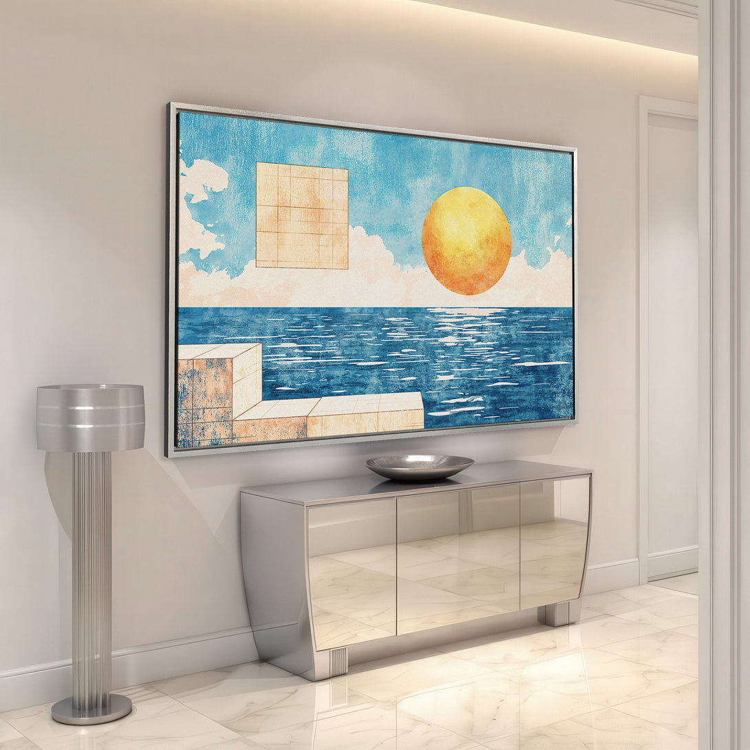 Framed Wall Art: Abstract landscape Canvas Print with blue, orange, and beige hues. Modern art for your home decor.