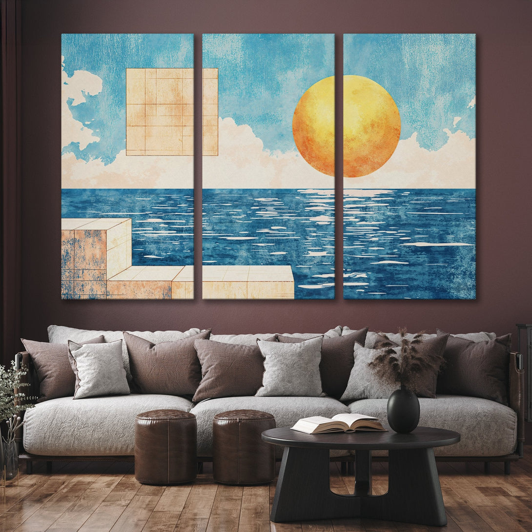 Abstract Canvas Print art featuring a serene ocean scene with a sun and geometric shapes, in a calming blue, yellow, and beige palette. Perfect wall decor!