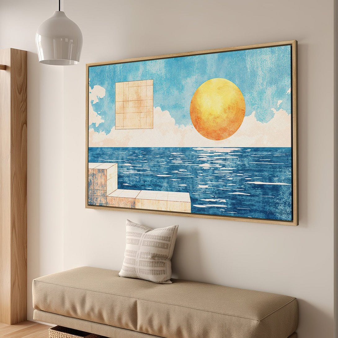 Framed Wall Art featuring a modern abstract landscape with blue, yellow, and neutral tones. Add a touch of art to your space!