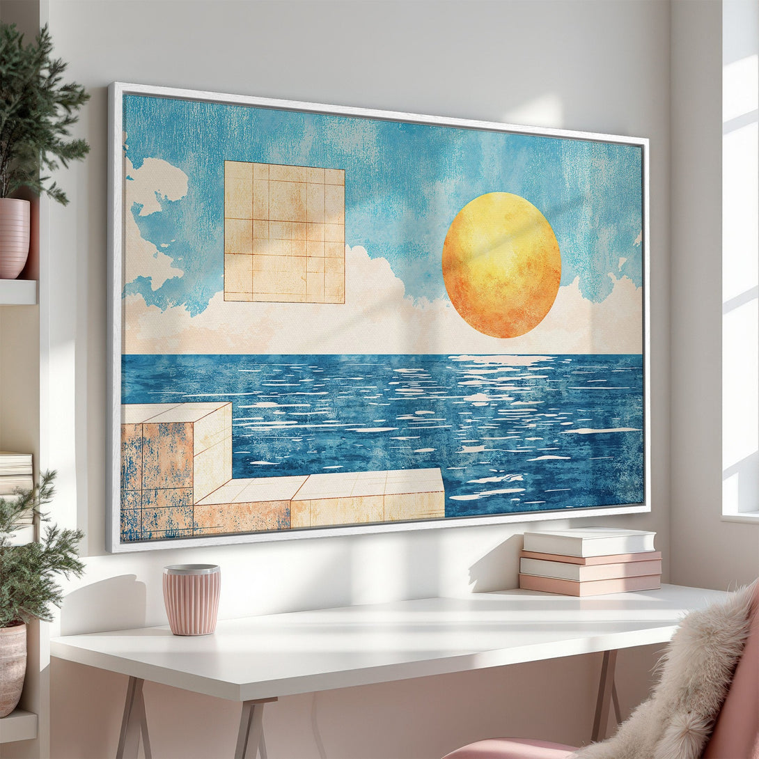 Framed Wall Art: Abstract landscape Canvas Print with blue, yellow, and beige colors. Modern art for home decor, featuring sun and sea.