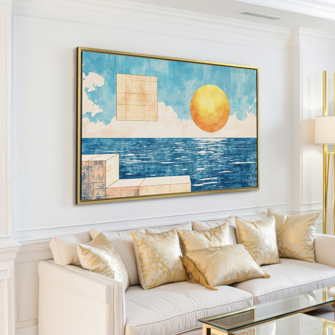 Canvas Print of abstract seascape art in blue, yellow, and beige, perfect for modern home decor.
