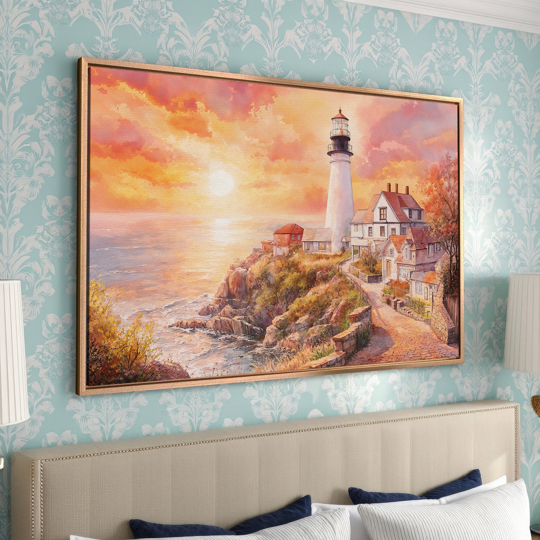 Framed Wall Art: Lighthouse painting with warm sunset colors. Coastal landscape art in a gold frame, perfect for bedroom decor.