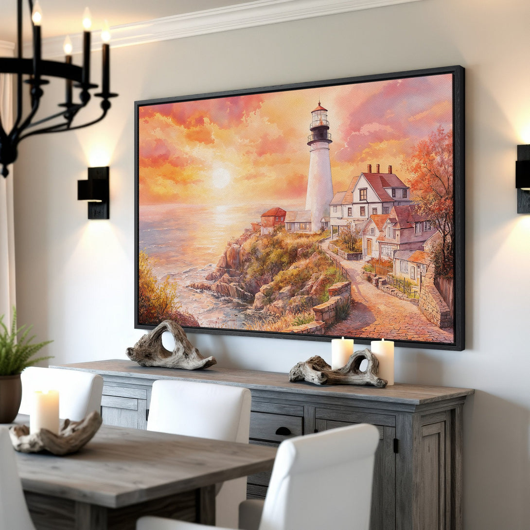 Framed Wall Art of a lighthouse landscape in warm sunset colors. Coastal artwork adds a touch of serenity and style to any home.