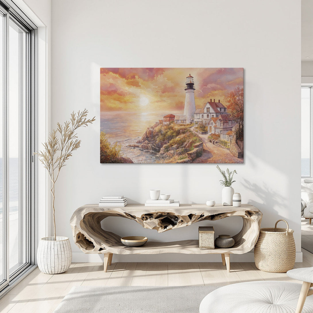 Framed Wall Art: Lighthouse landscape Canvas Print with warm sunset hues. Coastal art in orange, red, and yellow. Perfect for home decor.