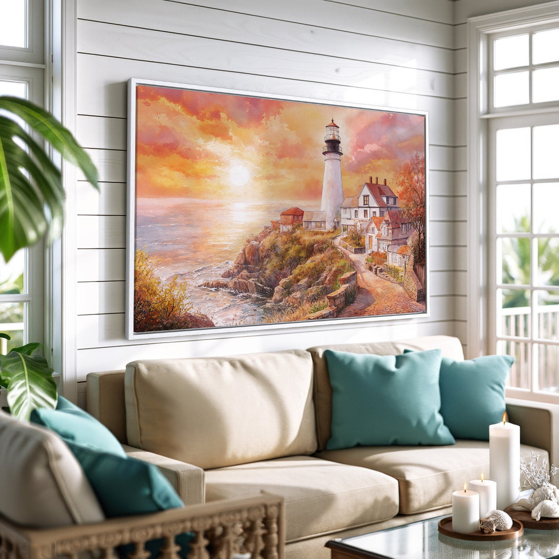 Framed Wall Art featuring a lighthouse at sunset. Coastal style with warm orange and yellow color palette. Perfect home decor.