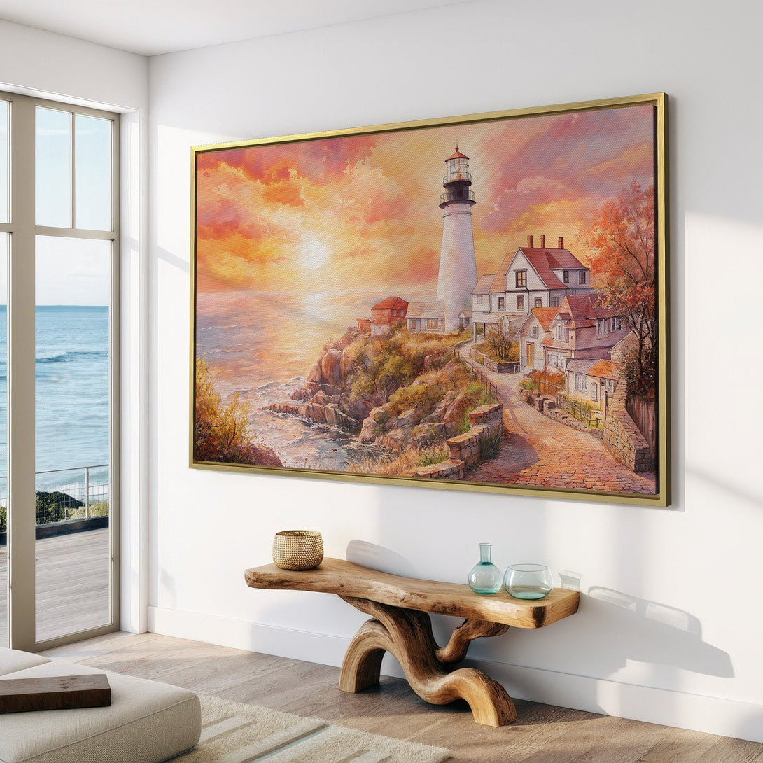 Canvas Print of a lighthouse landscape in warm sunset hues. Coastal wall art adds a cozy, inviting touch to any space.