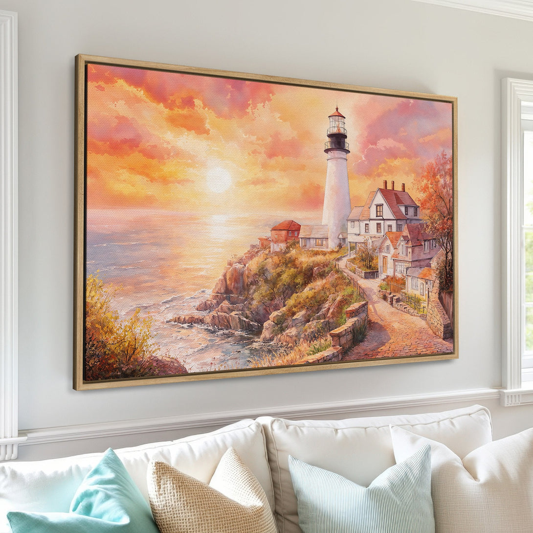 Framed Wall Art Canvas Print of a lighthouse at sunset. Coastal landscape art with warm orange and yellow hues. Perfect for living room decor.