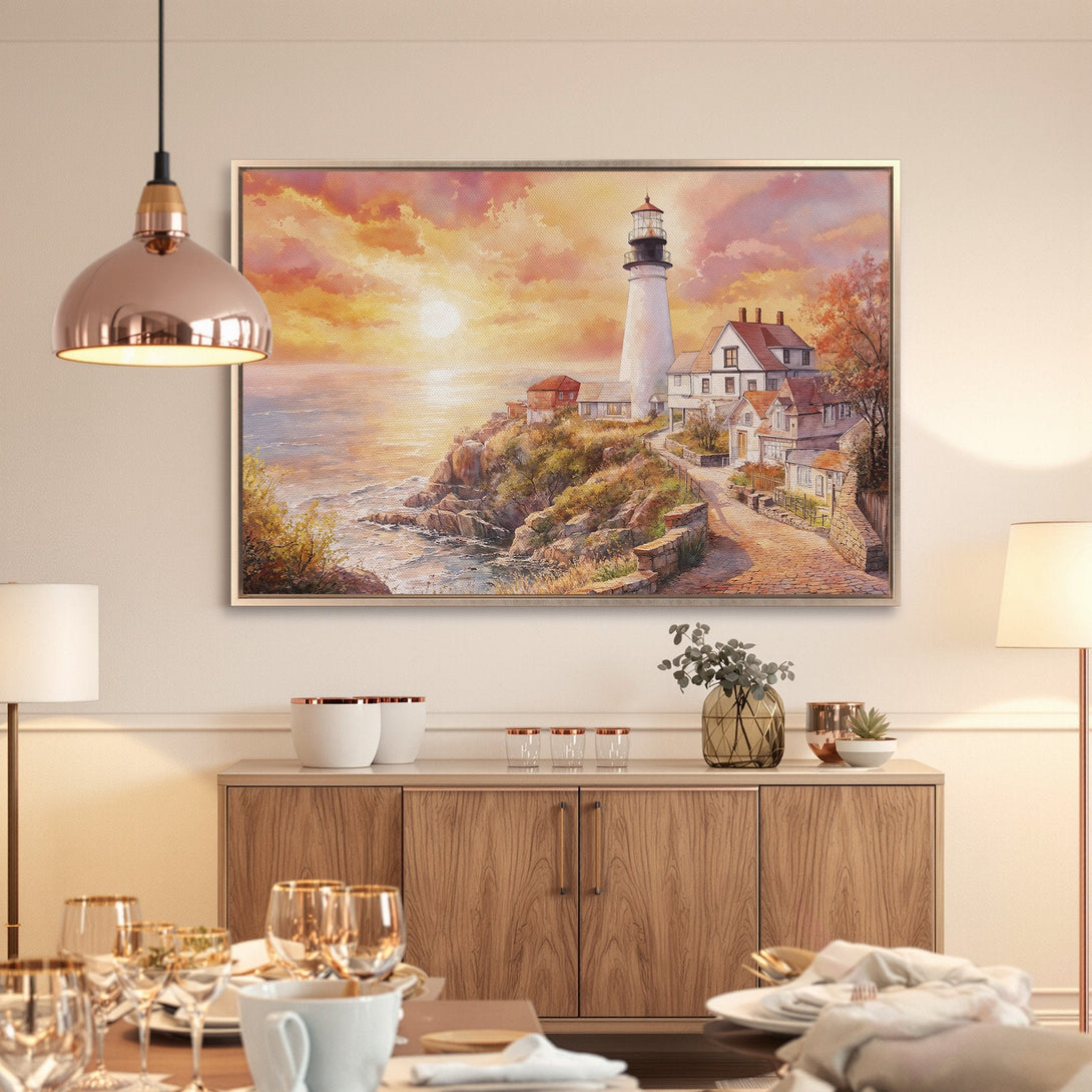Framed Wall Art: Lighthouse painting with warm sunset hues. Coastal art in a golden frame, perfect for a cozy home.