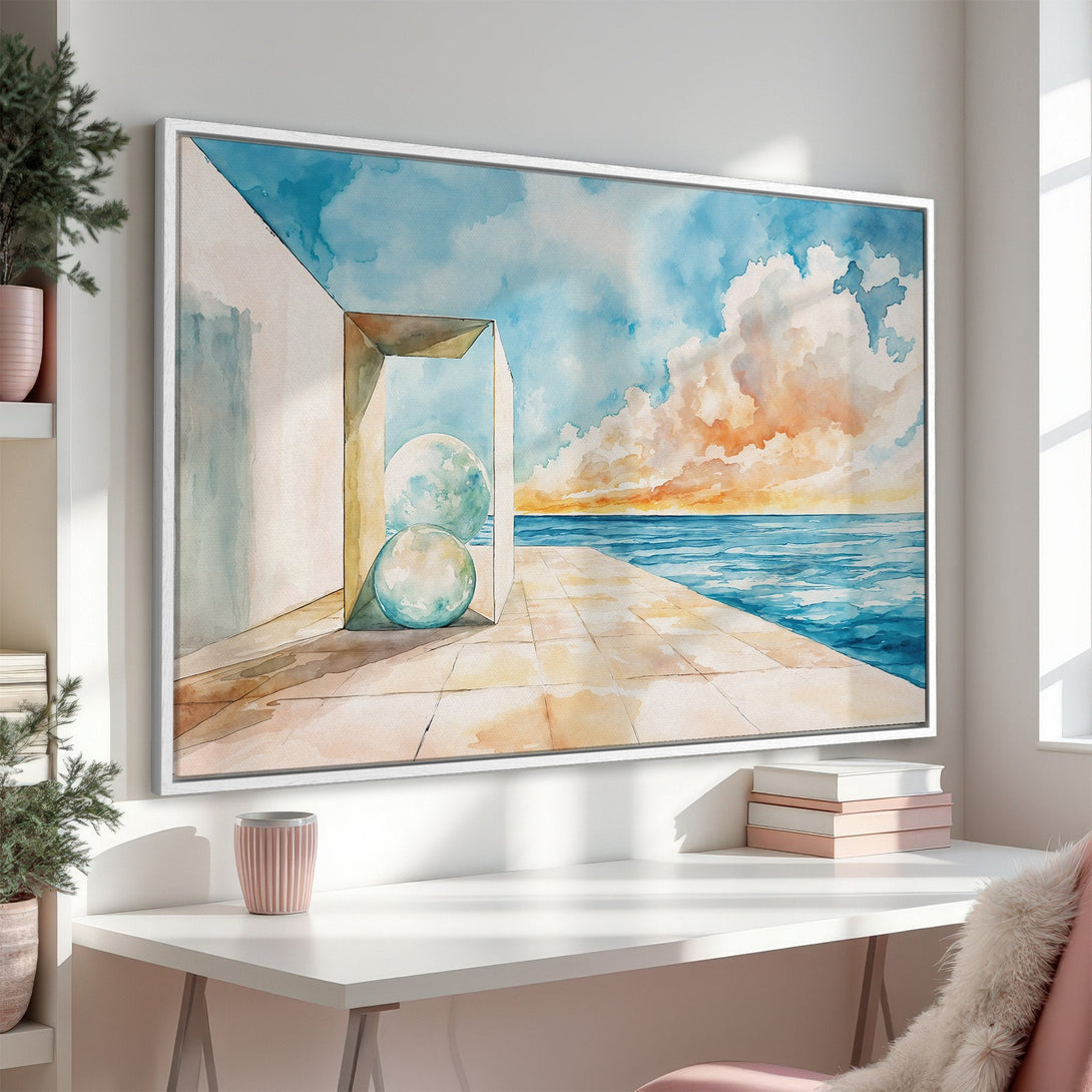 Canvas Print of a watercolor seascape with blue, orange, and beige tones. Modern art for stylish home decor.