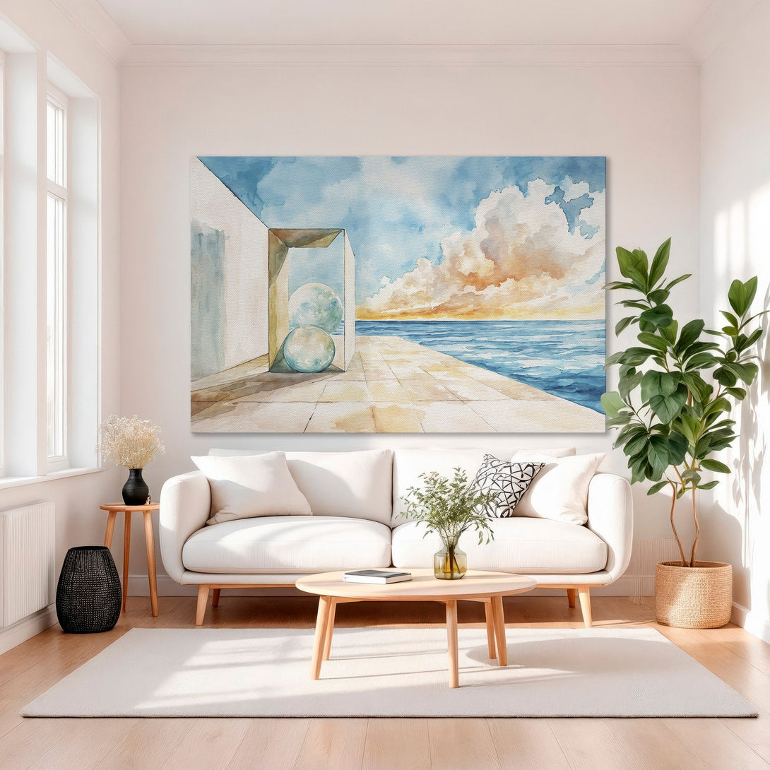 Framed Wall Art: Watercolor seascape with blue, orange, and beige tones. Modern art print adds a touch of elegance and tranquility to any space.
