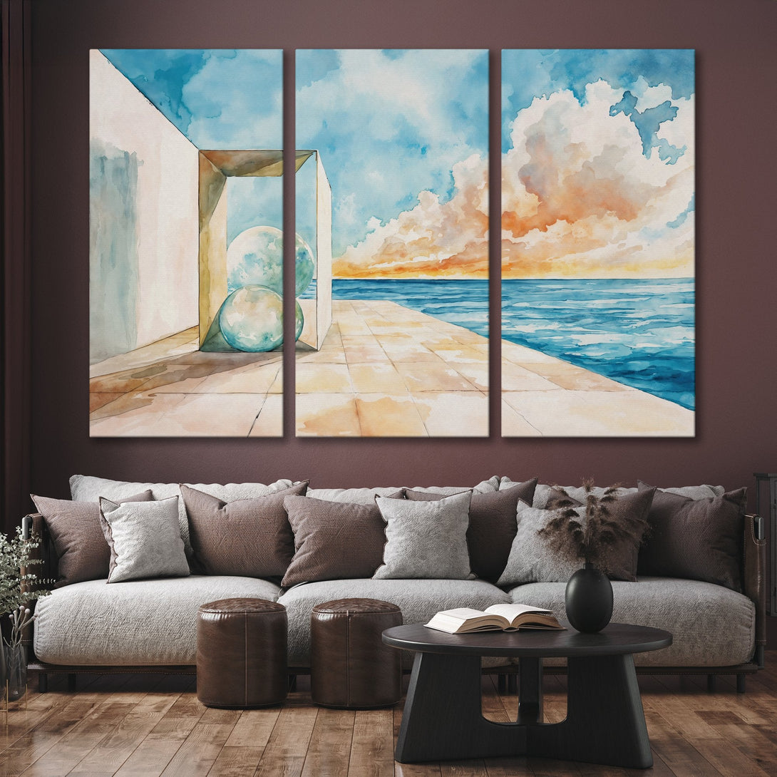 Watercolor Canvas Print of a serene seascape with blue, orange, and beige hues. Coastal wall art perfect for any interior.