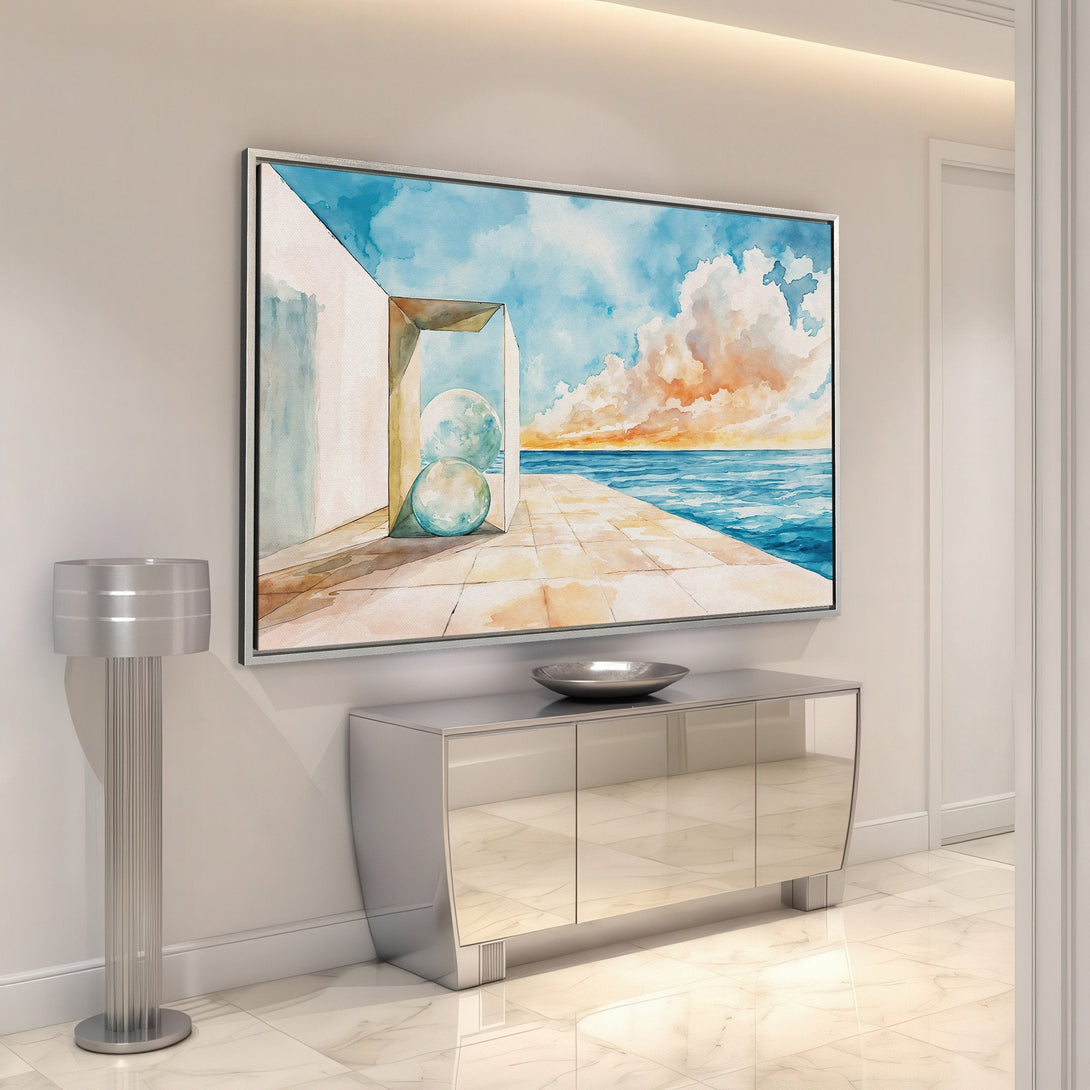 Framed Wall Art: Watercolor seascape canvas print in a modern interior. Features blue, orange, and neutral tones, perfect for adding a touch of art to your home.