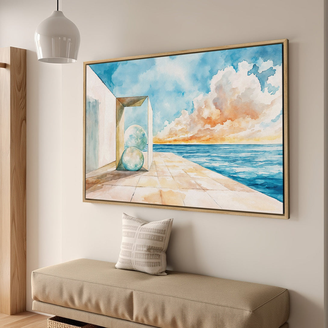 Framed Wall Art Canvas Print of a watercolor seascape with blue, orange, and beige tones. Modern art to enhance your home decor.