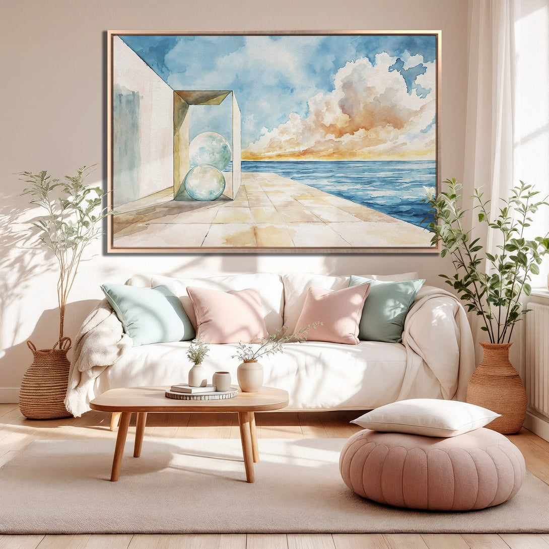Framed Wall Art of a watercolor seascape with blue, orange, and beige tones. Modern art decor for living room.