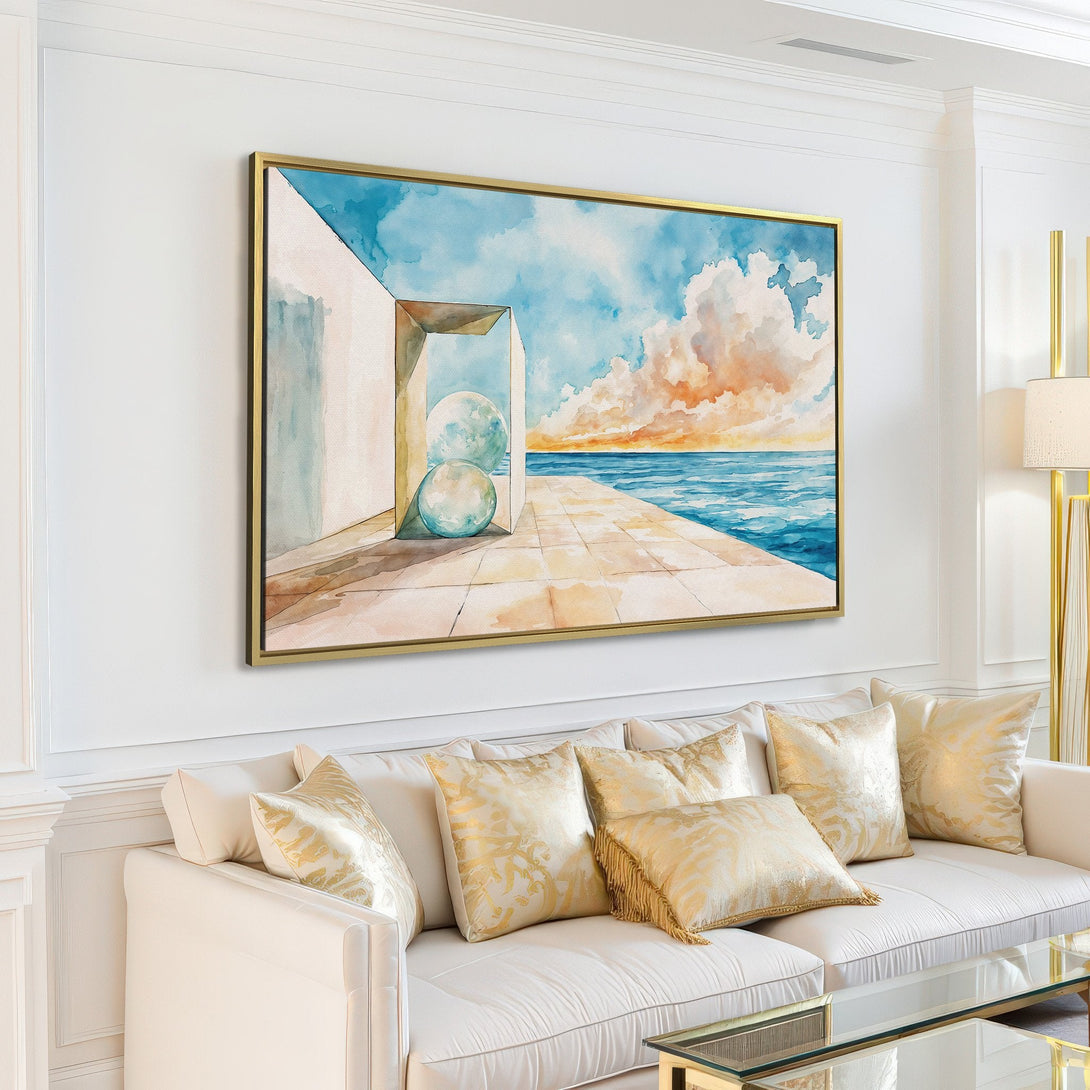Canvas Print of a serene seascape in watercolor style, featuring blues, beige, and orange hues, displayed in a modern living room.
