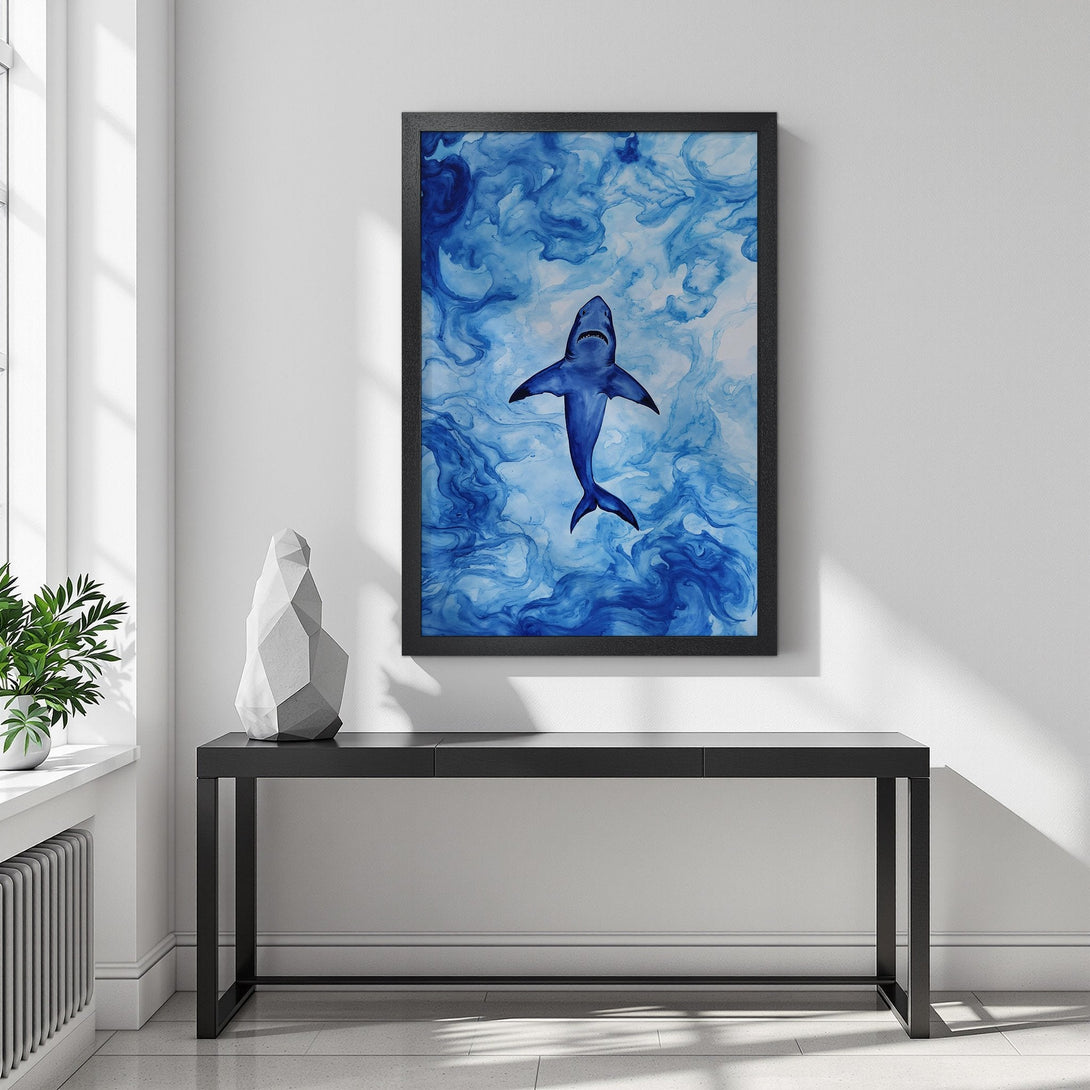 Framed Poster featuring a blue shark swimming in abstract blue water. Modern art style, cool color palette. Perfect wall decor.