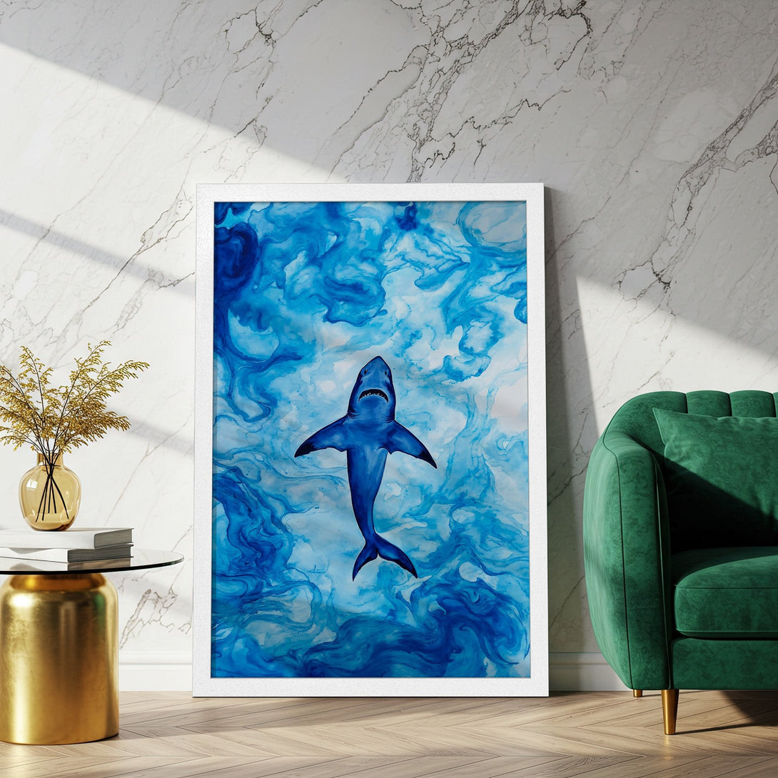 Framed Poster featuring a vibrant blue shark art print. Modern style with a blue and white color palette, perfect for coastal decor.