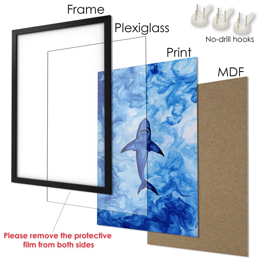 Framed Poster featuring a watercolor shark in blue hues. Modern art print for your home decor.