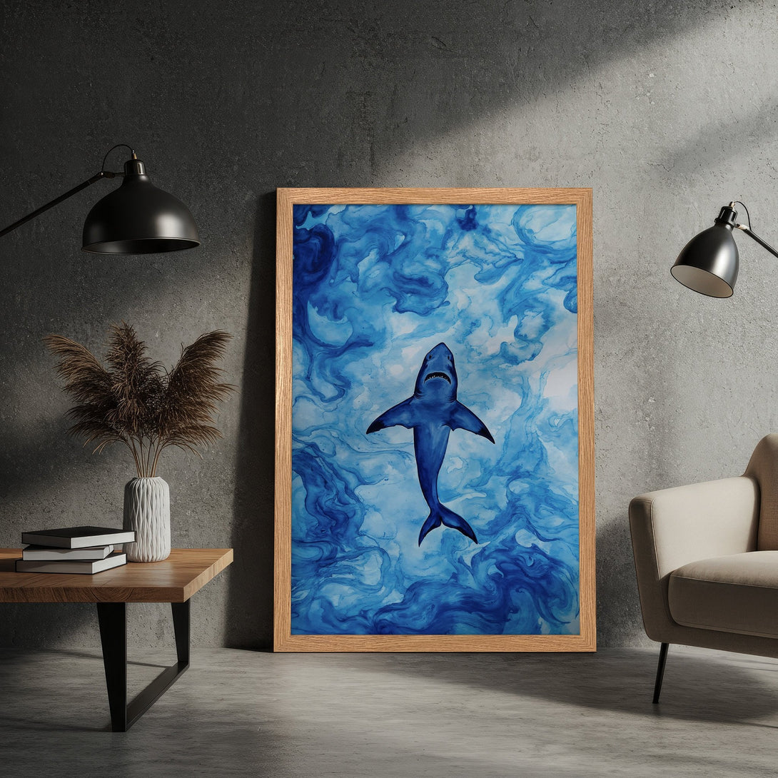 Framed Poster featuring a blue shark in an abstract style. Stunning ocean art with a cool blue color palette. Perfect wall decor!