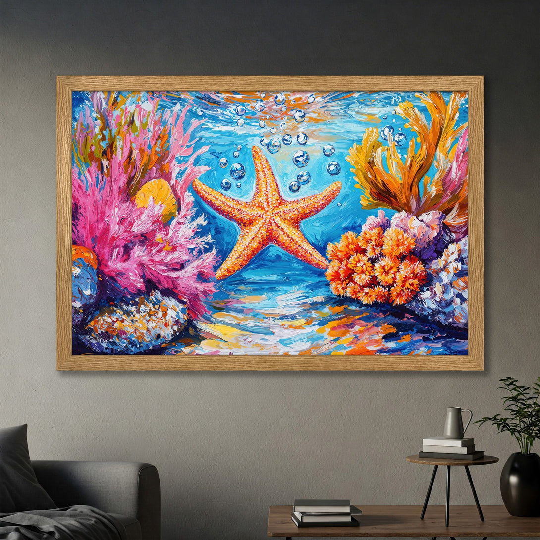 Framed Poster featuring a vibrant starfish and coral reef art in a colorful, impressionistic style. Perfect wall decor!