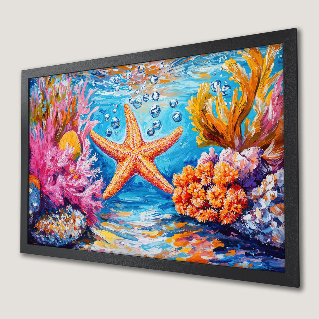Framed Poster featuring a vibrant underwater scene with a starfish, coral, and bubbles. Colorful palette of blues, oranges, and pinks.