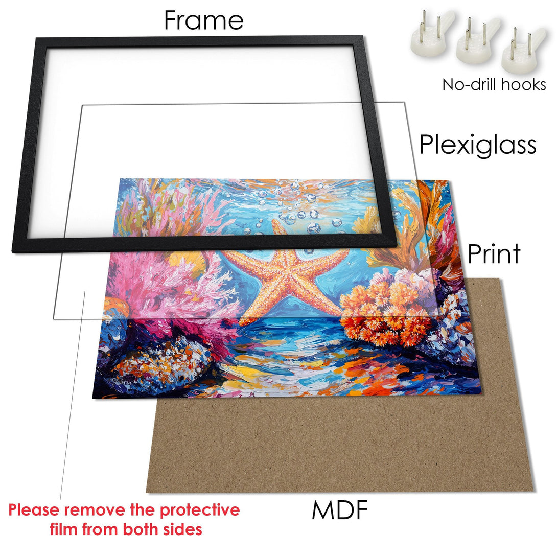 Framed Poster featuring a vibrant starfish art print. Colorful ocean scene with a blue, orange, and pink palette. Ready to hang!