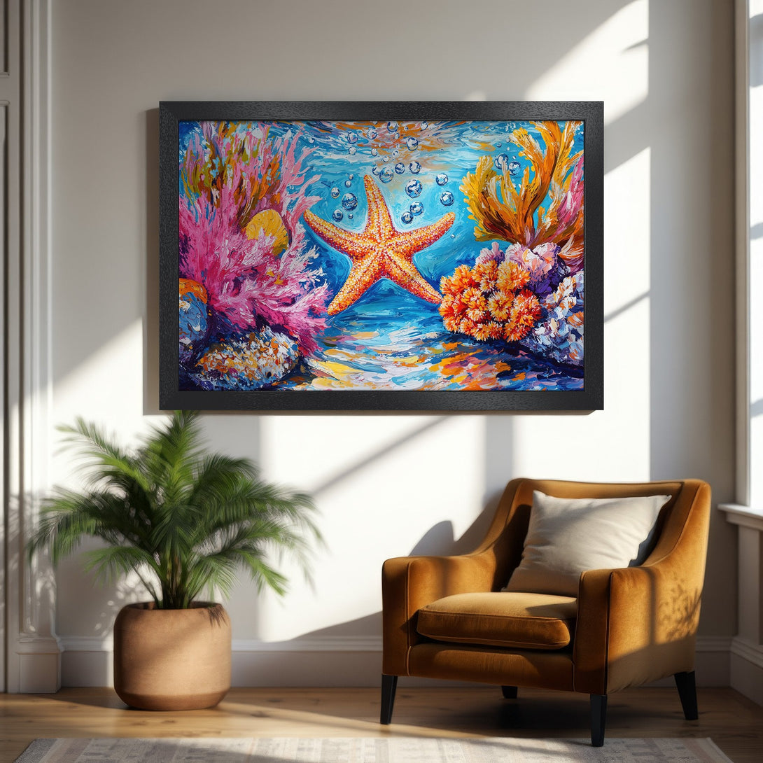 Framed Poster of a vibrant starfish and coral reef. Colorful, impressionistic style with a blue, orange, and pink palette. Perfect ocean decor!