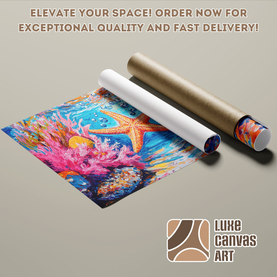 Ocean-themed Poster Roll. Vibrant coral reef art in blue, pink, and orange. Elevate your space!