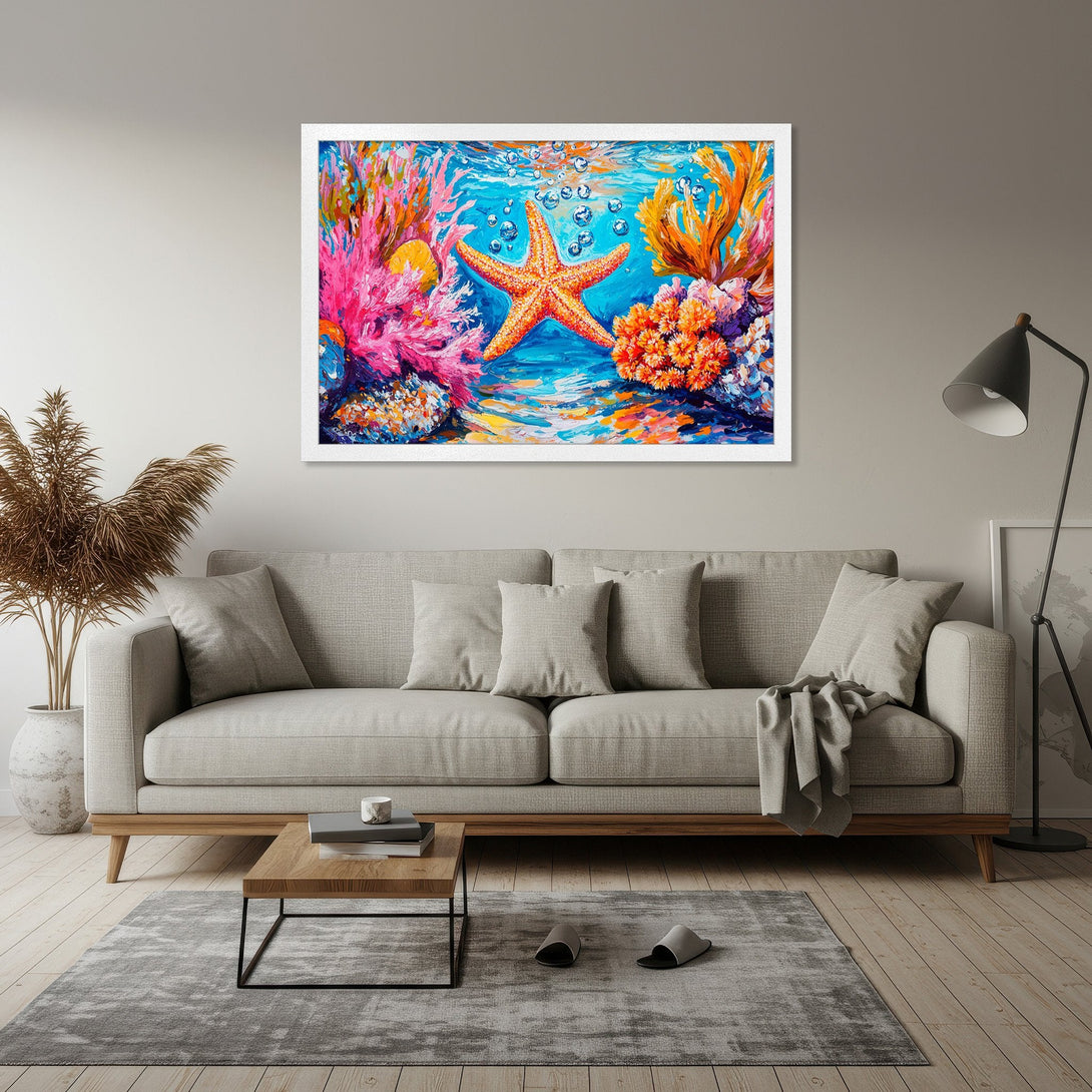 Framed Poster featuring a vibrant underwater scene with a starfish, coral, and bubbles. Colorful, impressionistic style. Blue, orange, and pink palette.