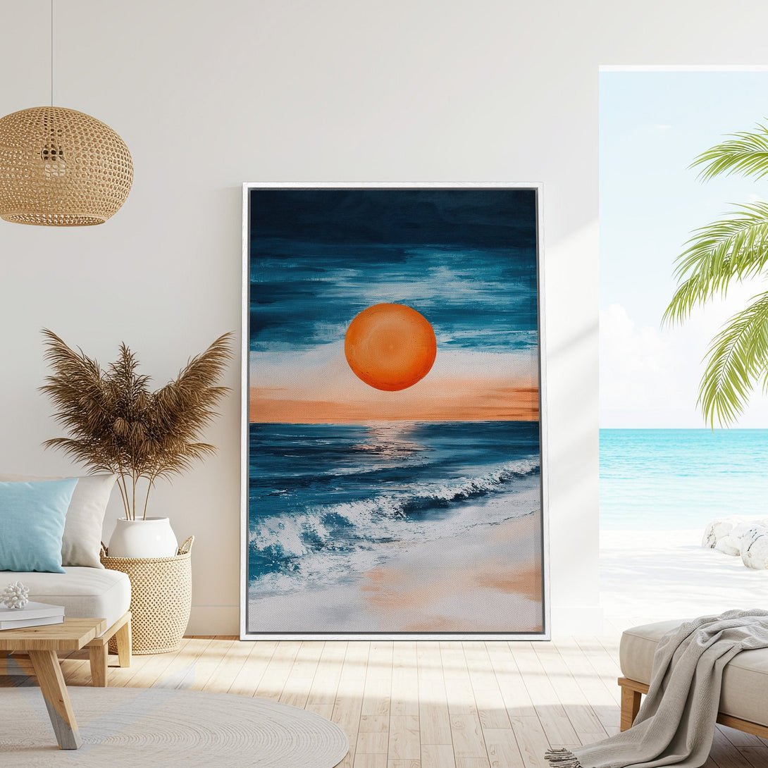 Framed Wall Art: Abstract ocean sunset in blue and orange. Coastal canvas print adds a serene touch to any space. Modern art for your home.