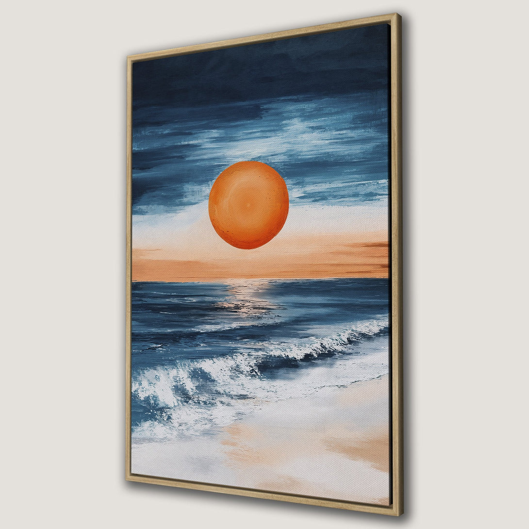 Framed Wall Art: Abstract sunset over ocean Canvas Print. Coastal art with blue, orange, and white color palette. Modern art for home decor.