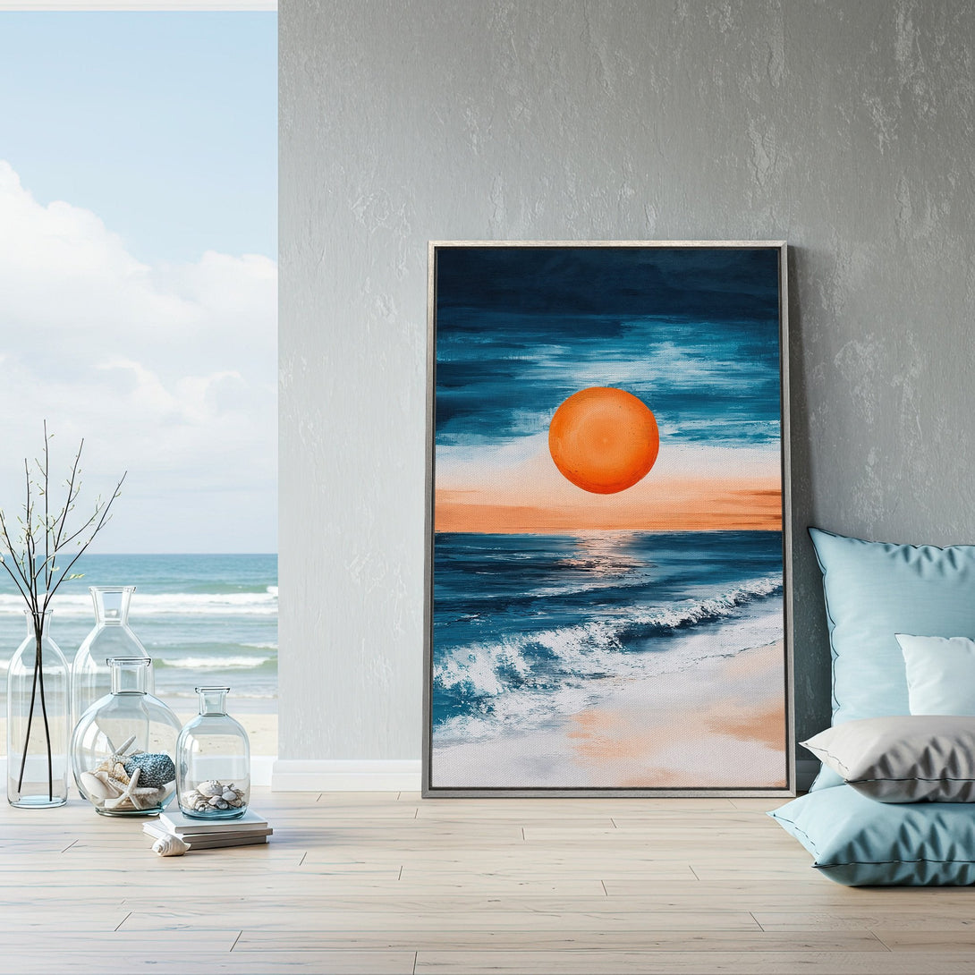 Framed Wall Art: Coastal sunset canvas print in blue and orange hues. Abstract ocean scene, perfect for adding a touch of serenity to any space. Shop now!
