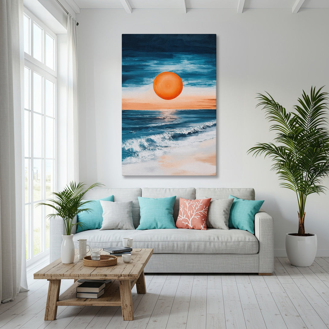 Framed Wall Art: Coastal sunset canvas print in a modern living room with blue and orange hues. Enhance your space with this stunning artwork!