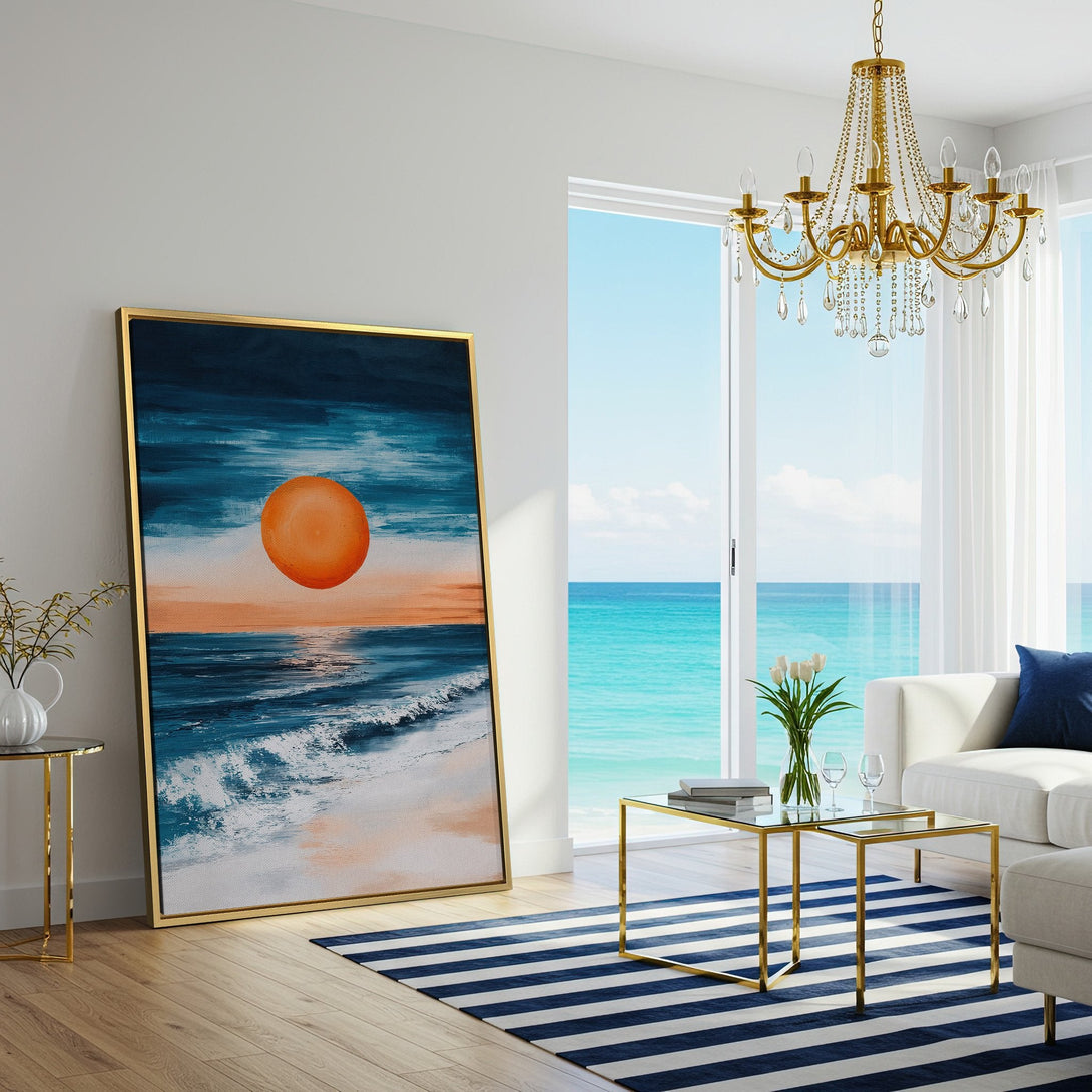 Canvas Print of a sunset over the ocean. Coastal art with blue, orange, and white color palette. Perfect for living room decor.