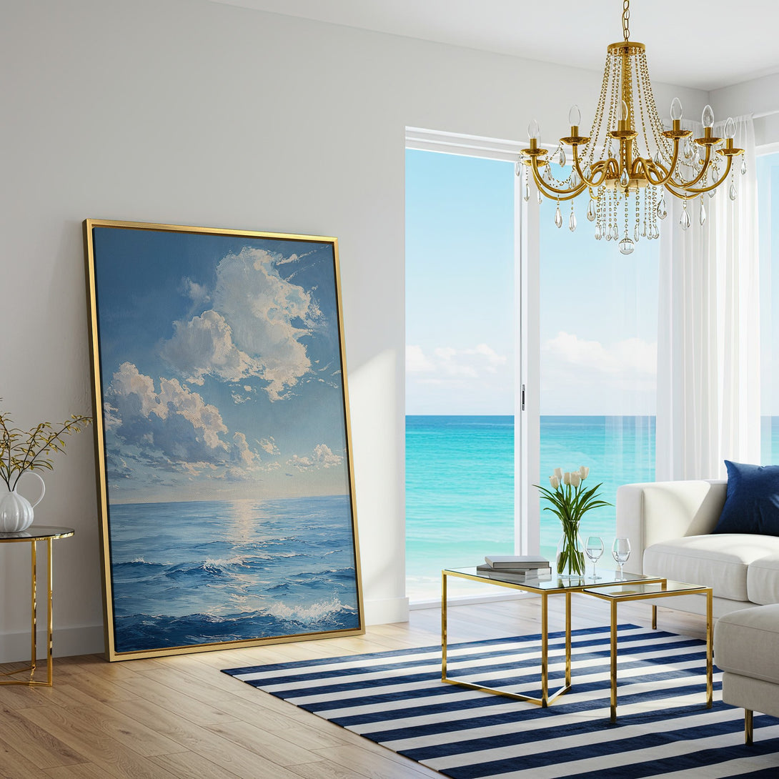 Canvas Print: Ocean landscape art in blue and white, displayed in a bright, modern living room. Coastal-inspired decor for your home.