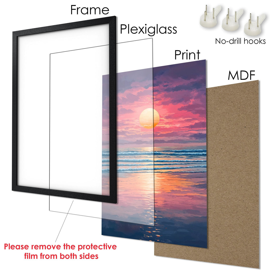 Framed Poster of a sunset beach scene. Vibrant pinks, oranges, and blues create a stunning art print.