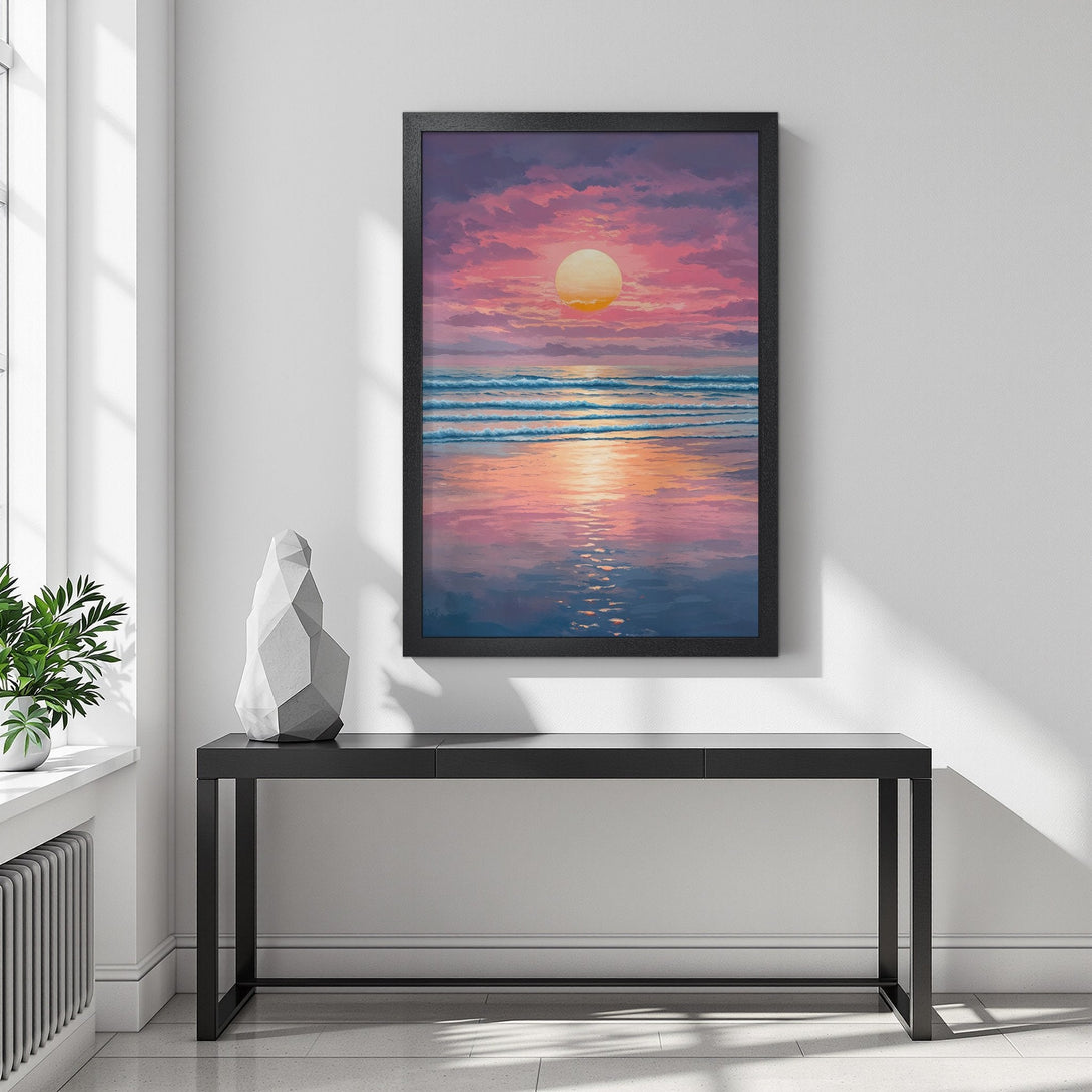 Framed Poster featuring a sunset over the ocean, vibrant colors. Perfect wall art for a calming vibe.