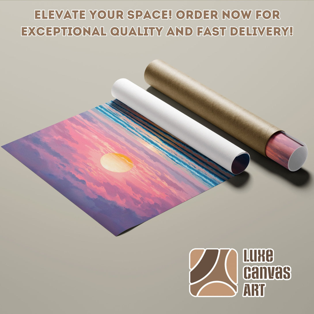 Poster Roll featuring a sunset landscape art print in a vibrant pink and purple color palette.