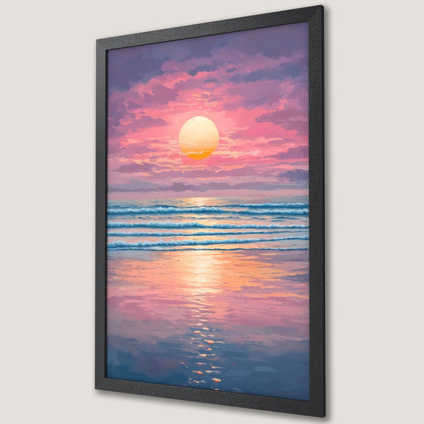 Framed Poster of a sunset over the ocean, painted in a dreamy, impressionistic style with pink, orange, and blue hues. Perfect wall art!