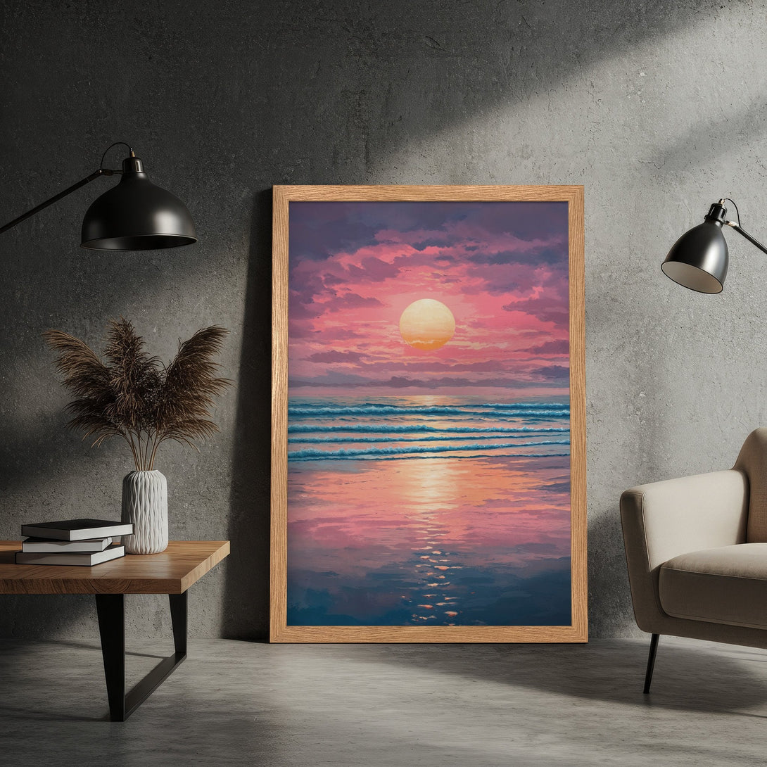 Framed Poster of a sunset over the ocean. Impressionistic style, pink, orange, and blue color palette. Perfect wall art for your home.