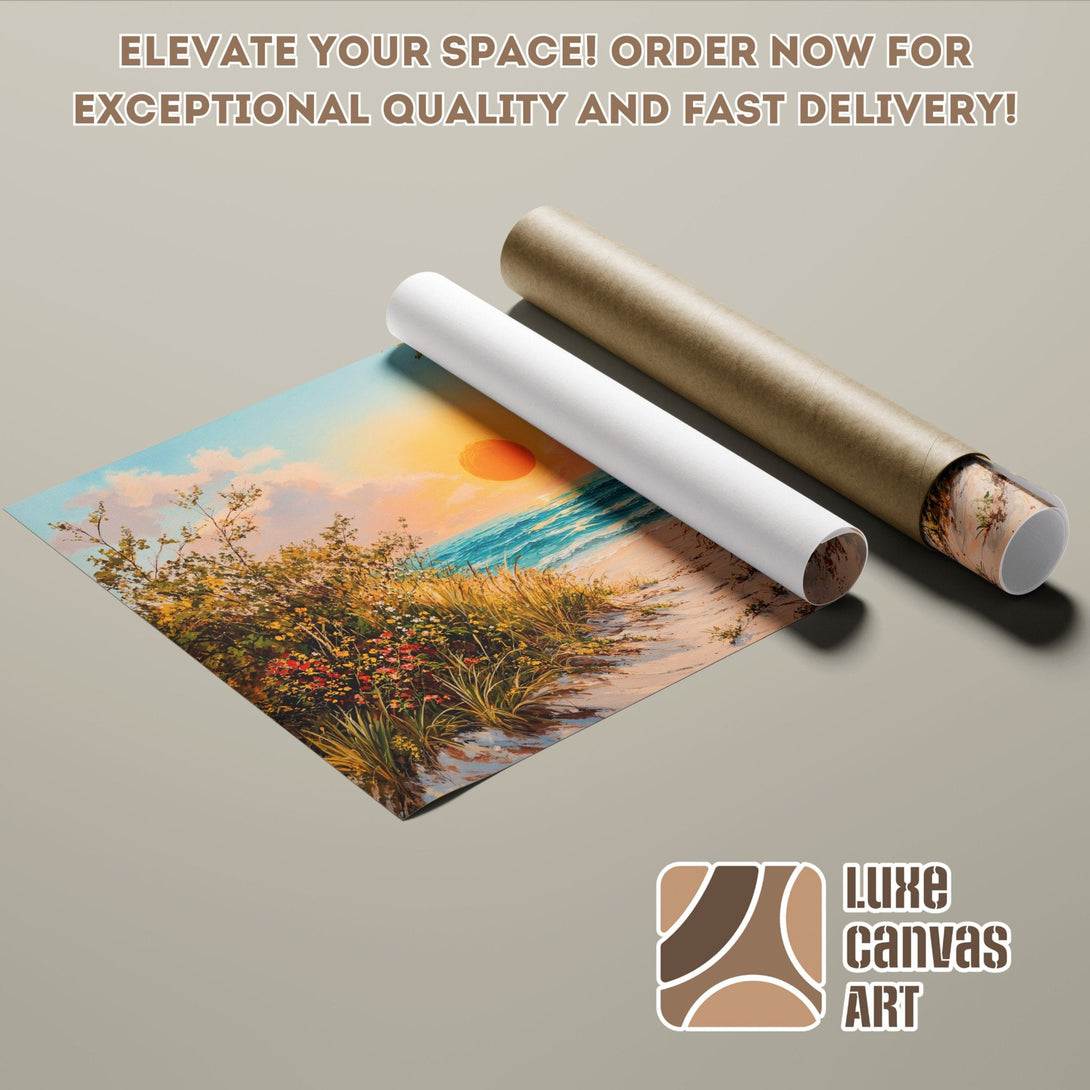 Poster Roll featuring a beach landscape painting in warm, earthy tones. Elevate your space!