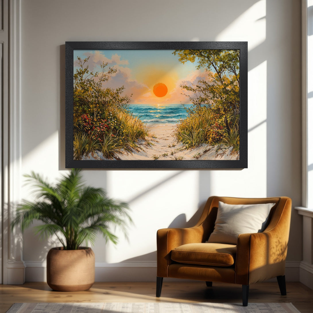 Framed Poster of a beach sunset, impressionistic style, warm orange and blue tones, perfect wall art for coastal decor.