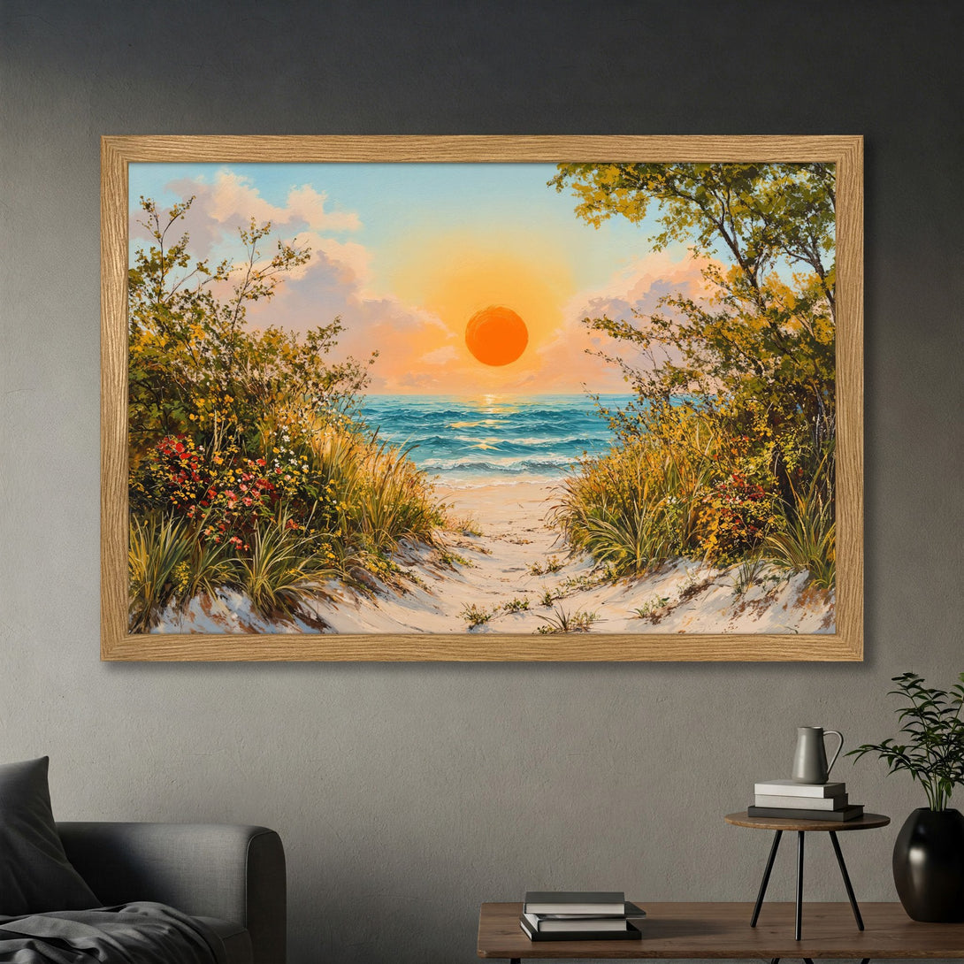 Framed Poster of a beach sunset scene, painted in a warm, impressionistic style with a vibrant orange, blue, and yellow color palette.