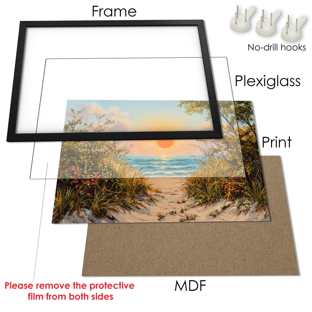 Framed Poster art print of a beach scene with warm colors. Perfect for adding coastal vibes to your home decor!