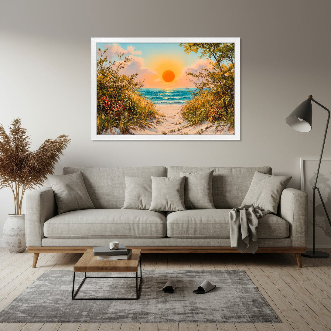 Framed Poster of a beach sunset painting. Warm color palette with oranges, blues, and greens. Perfect wall art for a relaxing vibe.