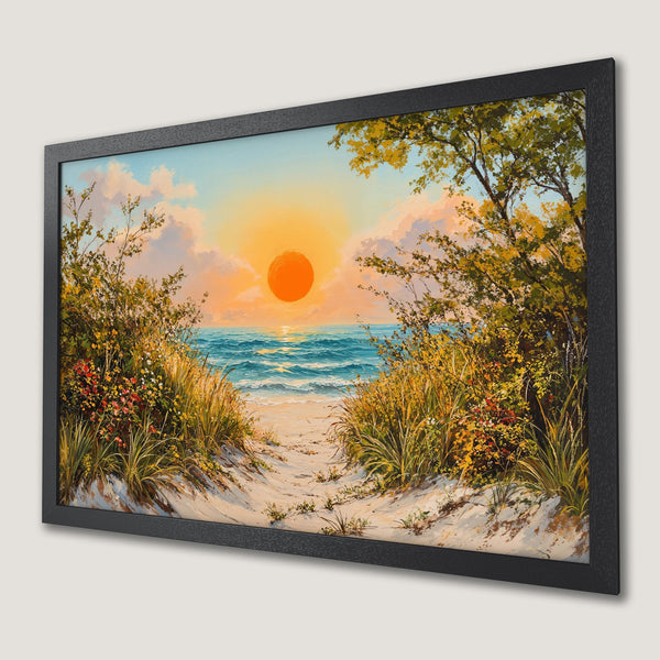 Framed Poster of a beach sunset painting, impressionistic style with warm orange, blue, and yellow hues. Perfect wall art!