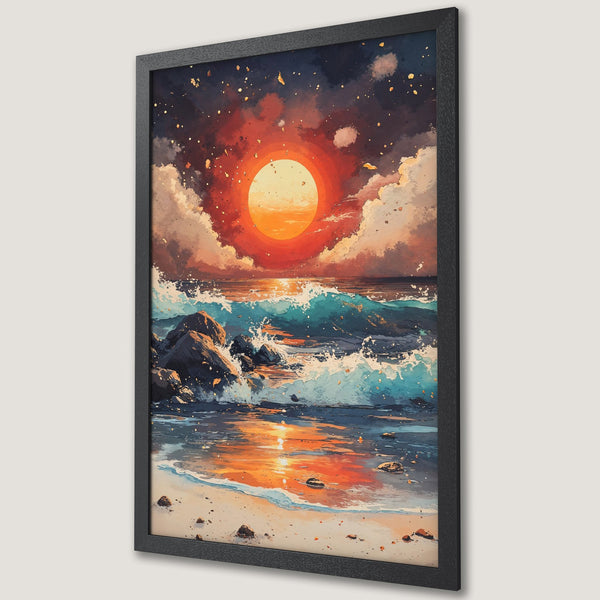 Framed Poster of a sunset over the ocean. Watercolor style with warm orange, blue, and gold color palette. Perfect wall art for your home.