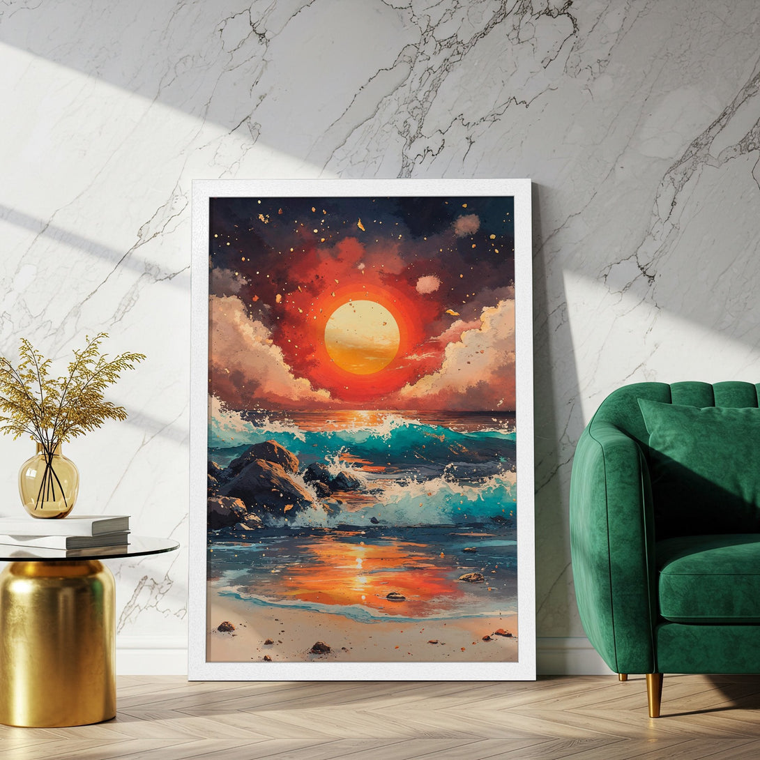 Framed Poster of a vibrant sunset over the ocean, artistic style with warm orange, red, and blue tones. Add coastal charm to your space!