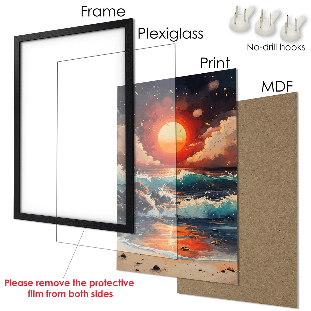 Framed Poster: Coastal sunset art print in warm tones. Perfect wall decor for any room. Ready to hang.